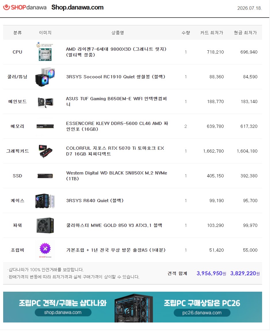 2026년 7월 18일 샵다나와 현금 최저가 견적서